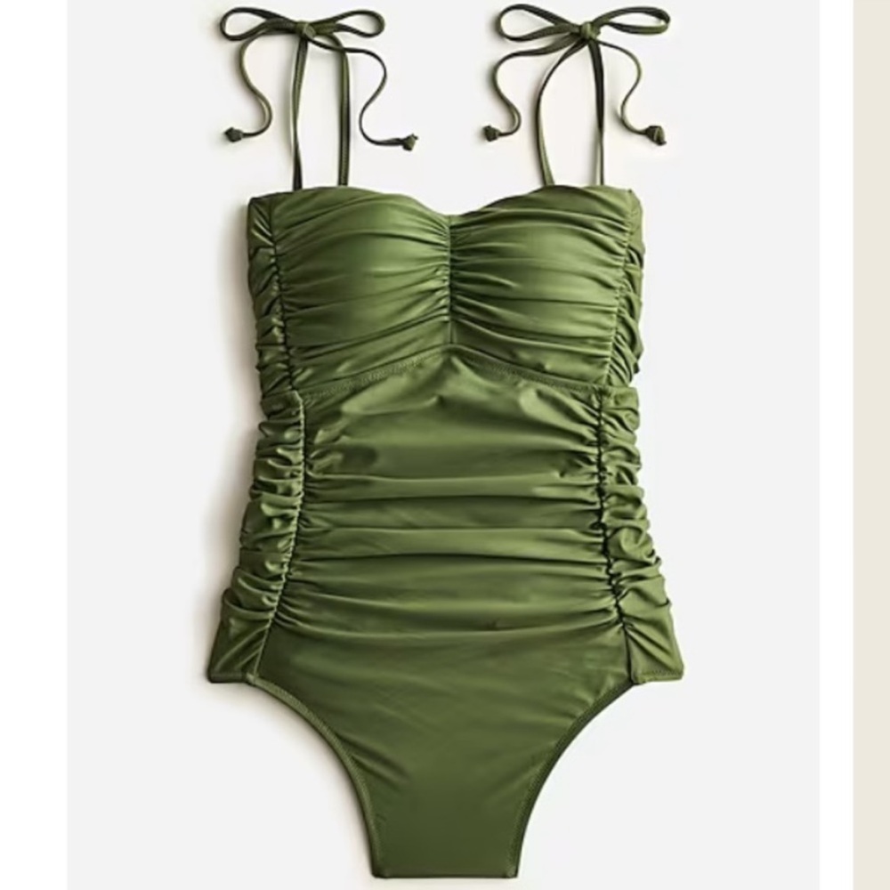 ⛱️ JCREW NEW! Ruched Tie Shoulder One Piece Swimsuit Safari Green Sz 8 ⛱️☀️